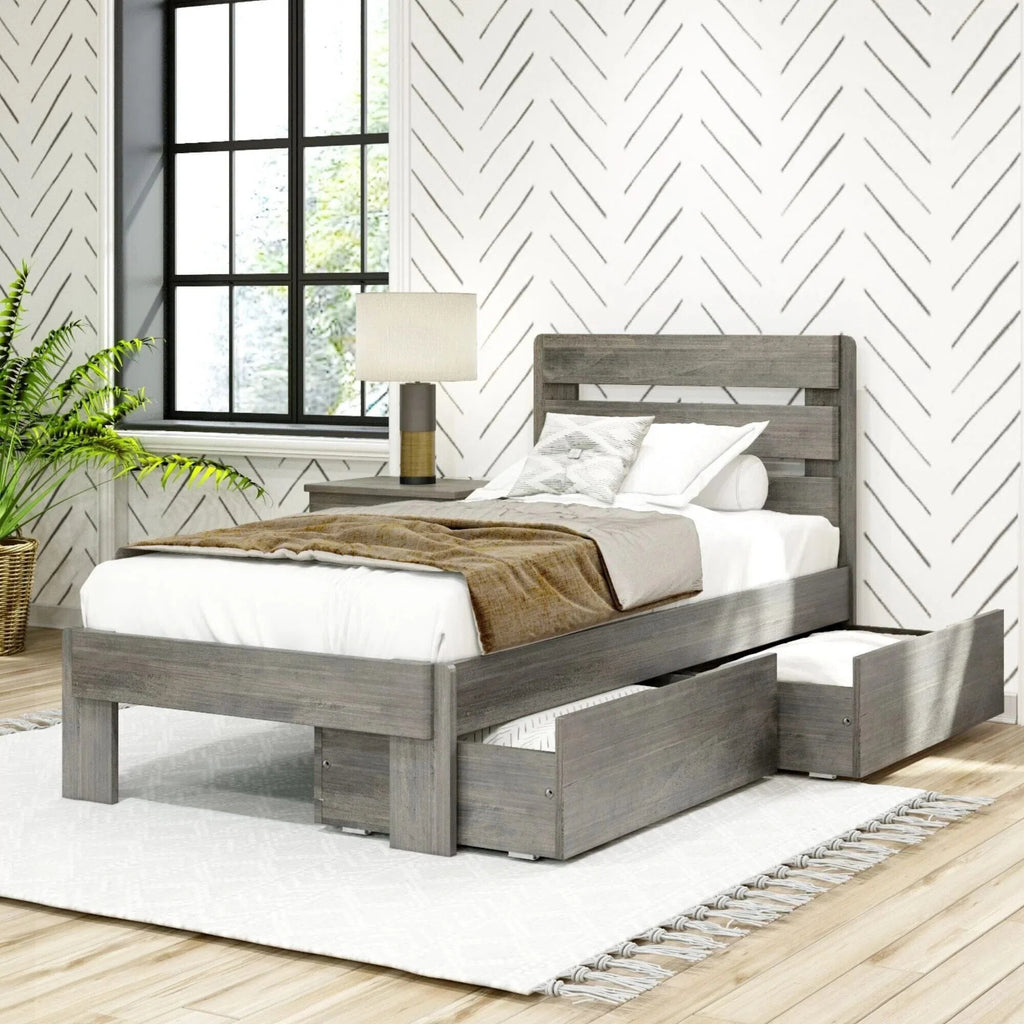Gray children's bed with two drawers