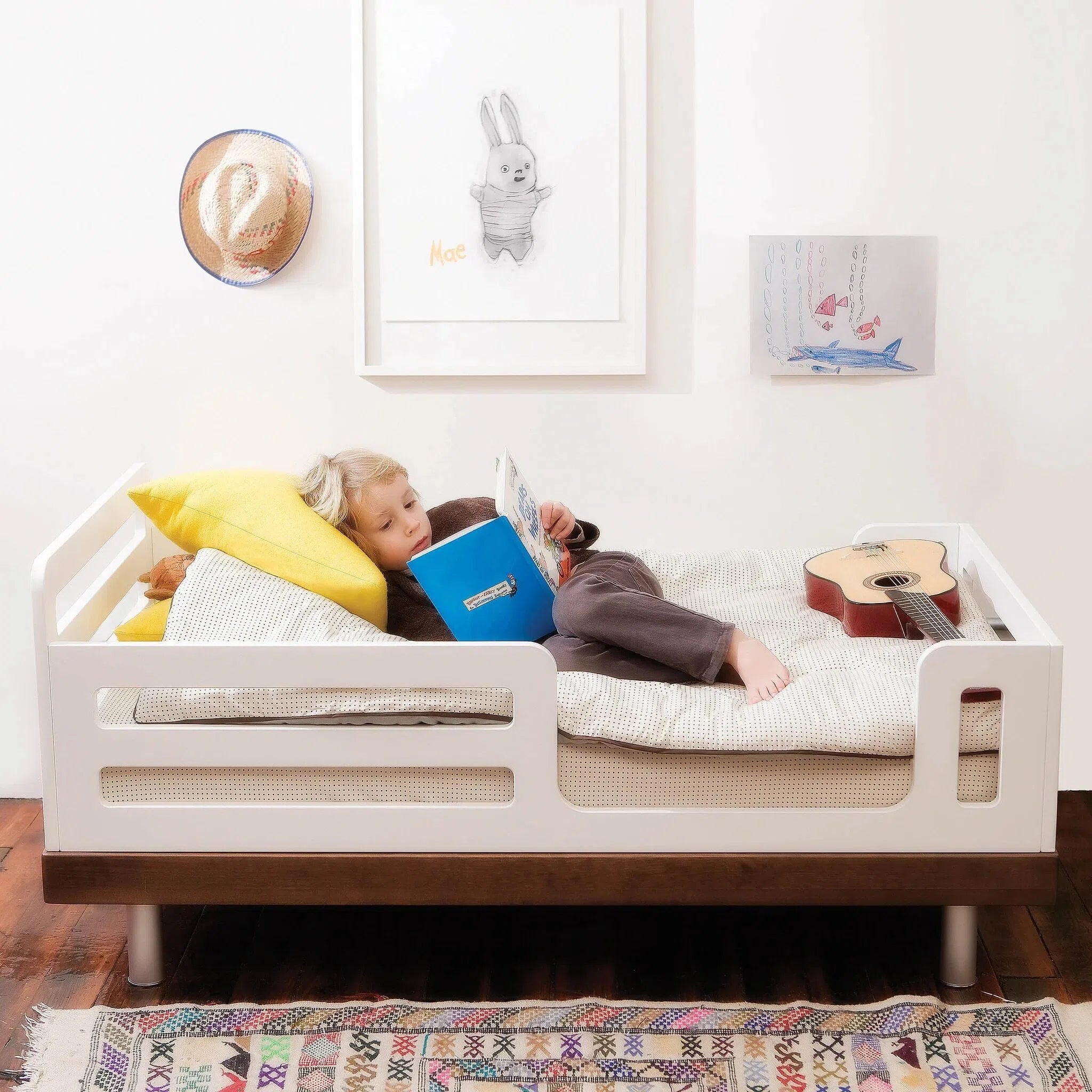 Solid Wood White Bed with Guardrails