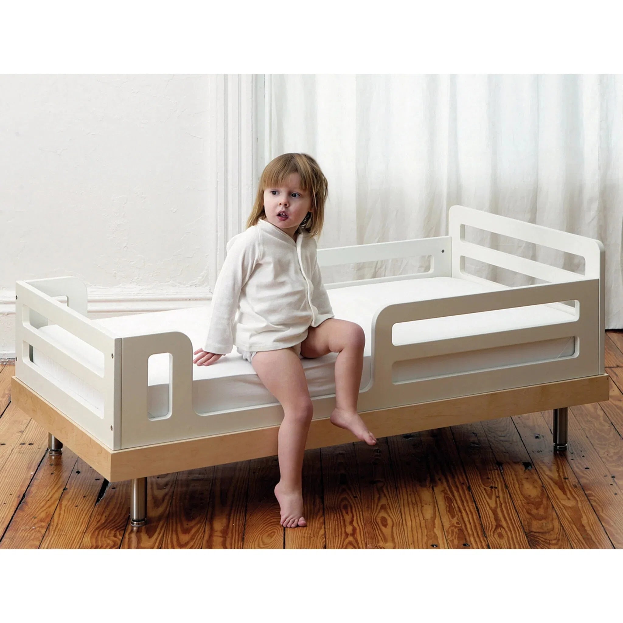Solid Wood White Bed with Guardrails