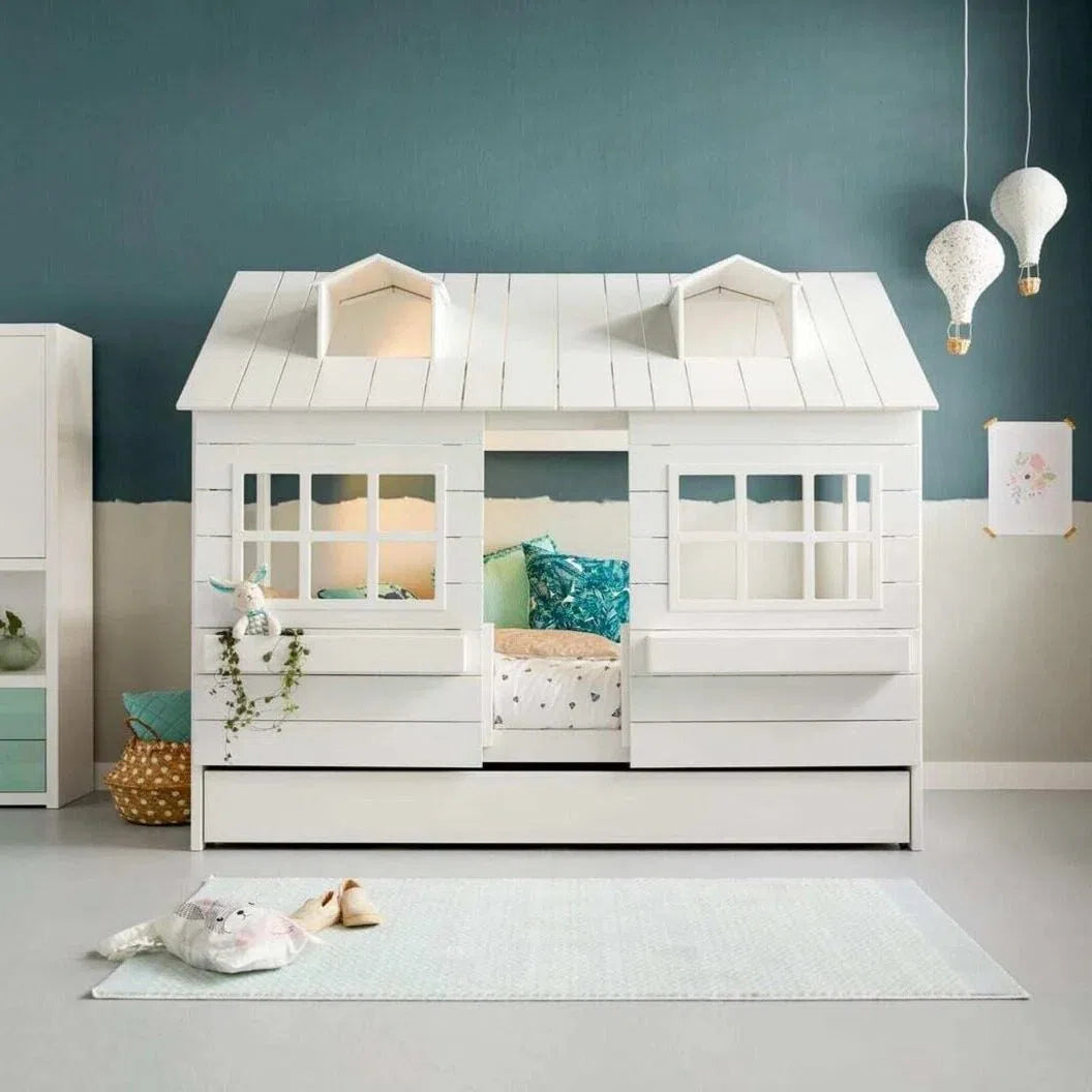 Wooden crib with drawers and windows